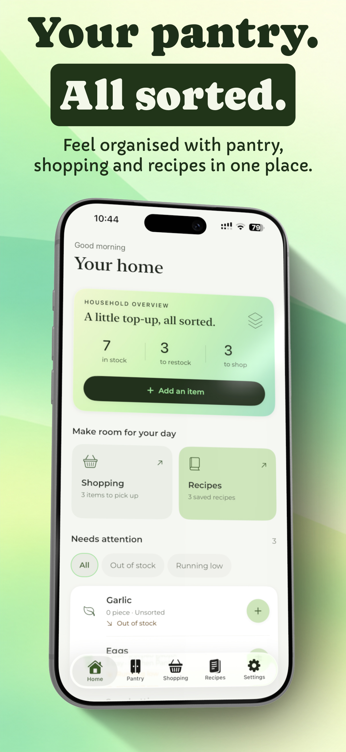 Any Pantry home overview with stock, restocking and shopping summaries