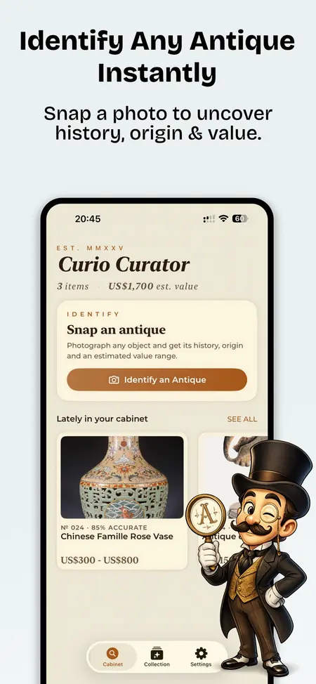 Curio app identifying an antique and showing its history, origin, and estimated value
