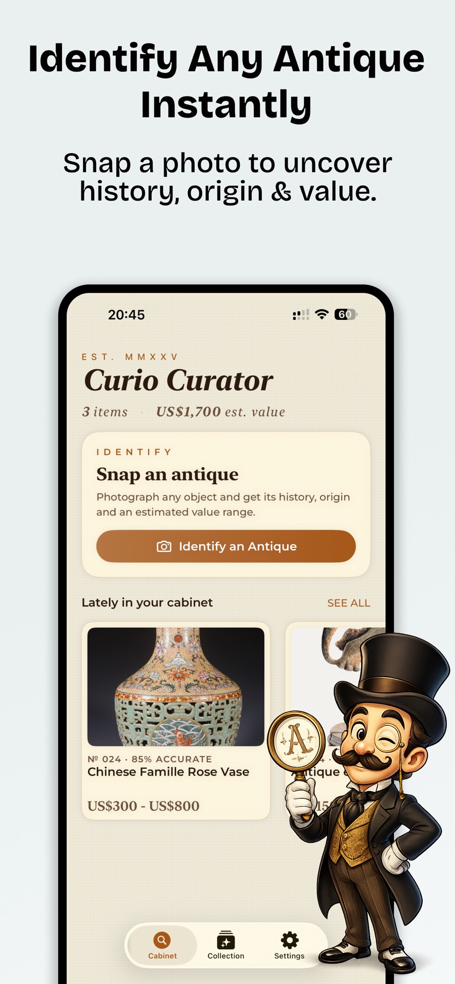 Curio home screen ready to identify an antique