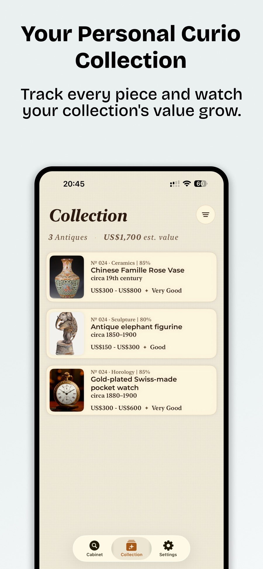Curio collection containing identified antiques