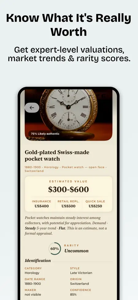 Curio showing the estimated value and authenticity of an antique pocket watch