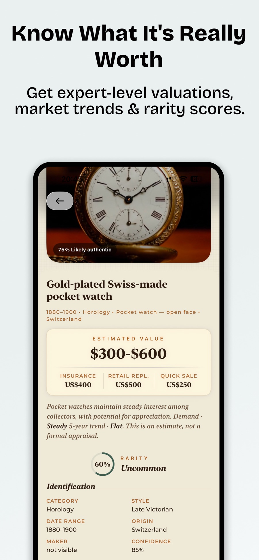 Curio result showing the estimated value and authenticity of an antique watch
