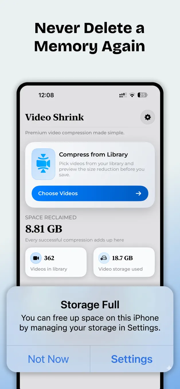 VideoShrink video selection and storage dashboard